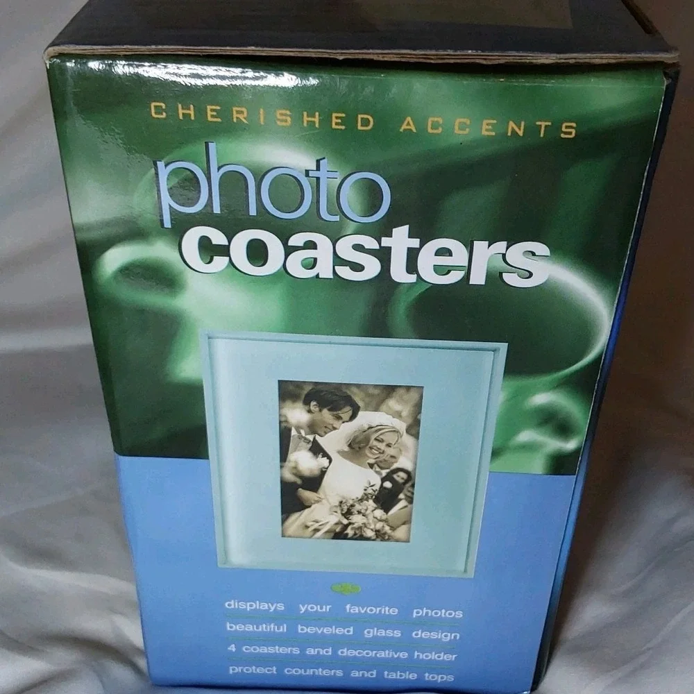 NEW Set 4 Cherished Accents Photo Coasters w/Wood Holder,Orig Box,2